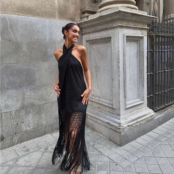Zara Dresses & Skirts - Zara dress midi black halter neck linen fringed fringes boho